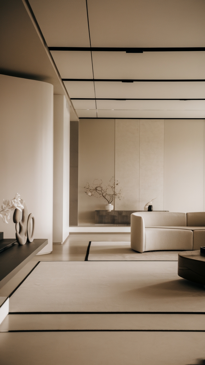 This contemporary minimalist living room embodies the essence of modern design, showcasing a harmonious blend of sleek decor and minimalist furniture that invites tranquility. The neutral color palette, featuring soft shades of beige, grey, and white, creates a serene backdrop, while clean lines and an open layout enhance the sense of spaciousness. Subtle textures add depth to the uncluttered aesthetic, making this room a perfect sanctuary for relaxation and reflection.
