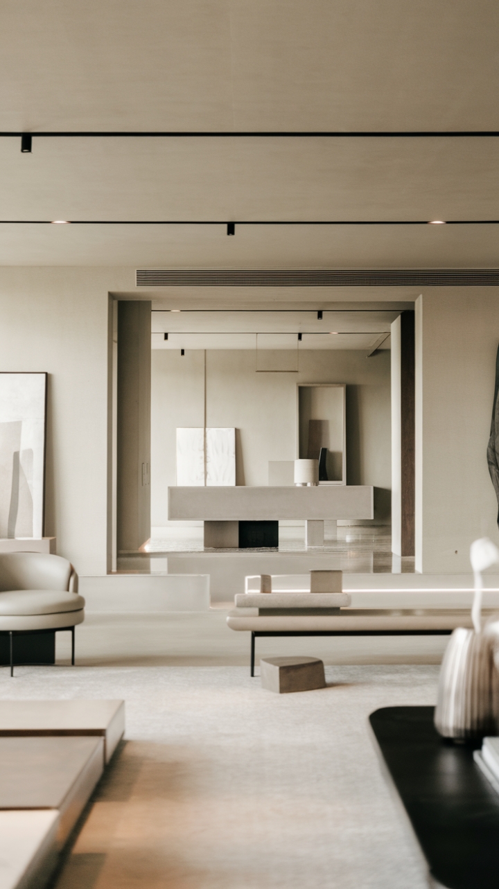 This contemporary minimalist living room embodies the essence of modern design with its sleek decor and thoughtfully curated furniture. The neutral color palette creates a serene backdrop, while clean lines and an open layout invite a sense of spaciousness. Subtle textures add depth to the uncluttered aesthetic, and carefully selected art pieces punctuate the space, offering glimpses of personality without overwhelming the tranquility of the room.