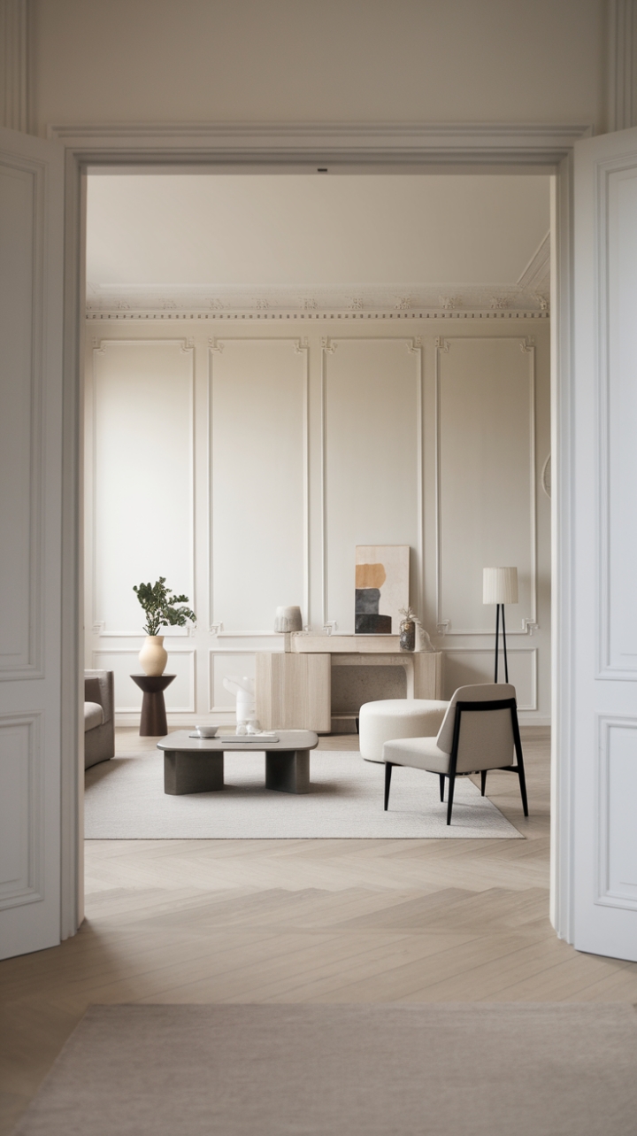 In this contemporary minimalist living room, simplicity reigns supreme, showcasing a harmonious blend of modern design and understated elegance. The neutral color palette, highlighted by crisp white walls and light wood flooring, creates an inviting backdrop for the carefully curated furniture pieces, including a sleek sofa, a minimalist coffee table, and a stylish chair. A few thoughtfully chosen decorative items, such as a sculptural lamp, a tasteful vase, and an artful painting, enhance the uncluttered aesthetic, while a vibrant plant stand breathes life into the space, making it a perfect retreat for relaxation and inspiration.