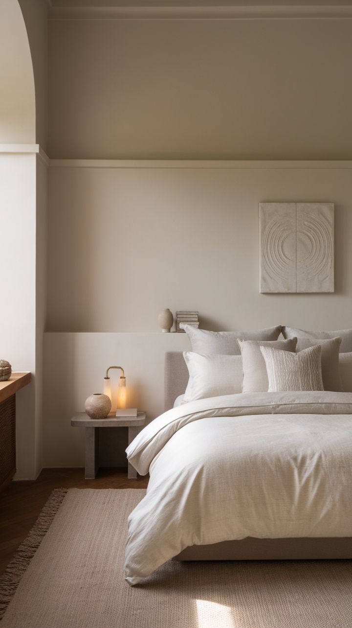 Embracing the essence of contemporary minimalism, this bedroom showcases a harmonious blend of comfort and style. The soothing beige walls envelop the room, while the pristine white duvet and understated pillows on the bed create an inviting focal point. A plush rug grounds the space, and select decorative accents, like a sleek lamp and a striking wall art piece, add just the right touch of personality, ensuring this serene sanctuary remains beautifully uncluttered and effortlessly chic.
