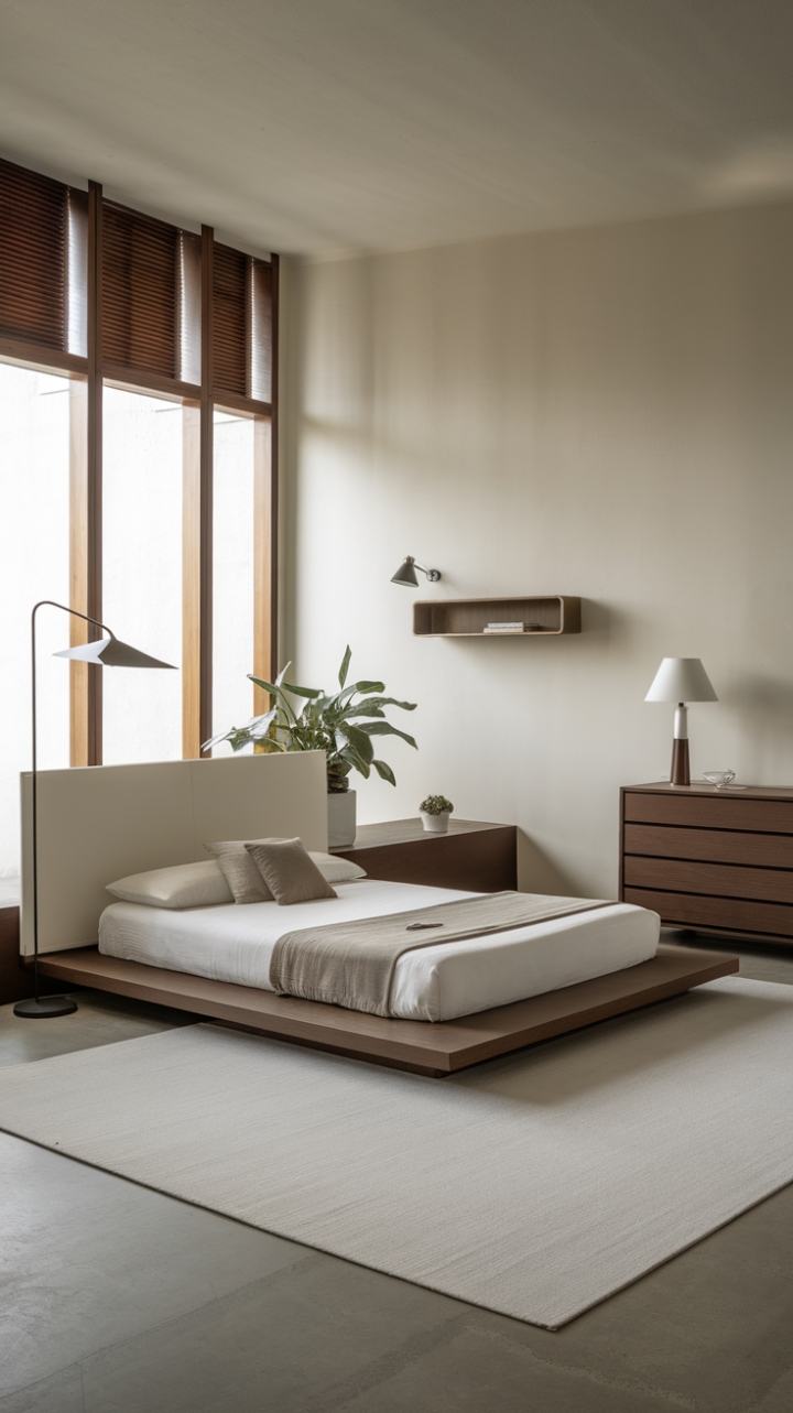 Unwind in this serene minimalist haven, where clean lines and a neutral palette create a sanctuary of calm. The sleek platform bed, punctuated by soft lighting and the gentle sway of a potted plant, invites peaceful slumber. A simple wooden dresser and thoughtfully placed accents complete this sophisticated retreat.