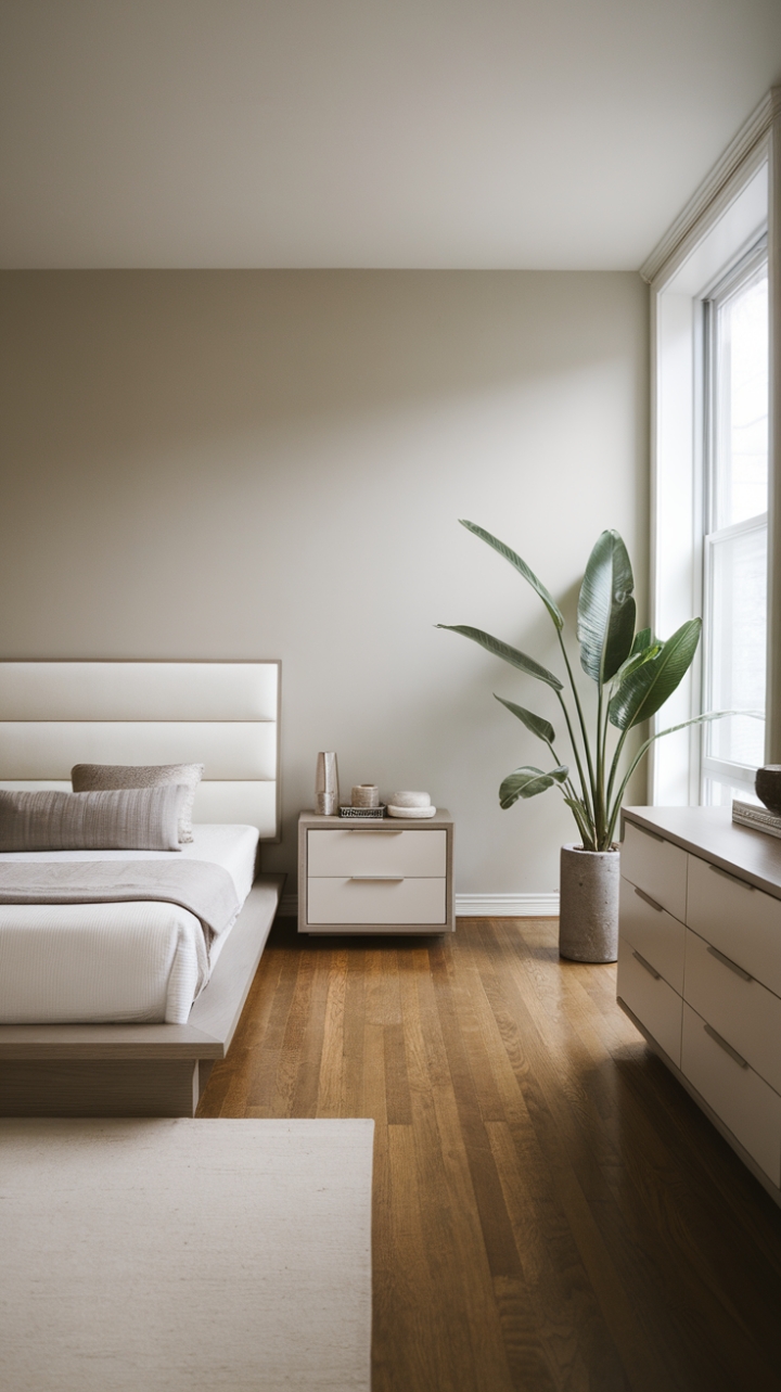 Indulge in the serenity of this contemporary minimalist bedroom. Clean lines, a neutral palette, and carefully curated furniture create a haven of calm. The light grey walls, hardwood floors, and lush greenery complete this sanctuary of sophisticated simplicity.