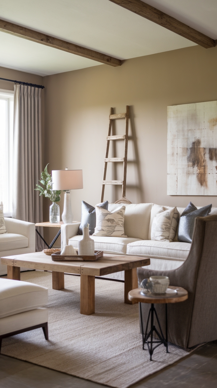 Modern farmhouse style finds its purest expression here. Beige walls provide a calming backdrop to a white sofa, grey accent chair, and simple wooden coffee table. Subtle rustic details, like the leaning ladder, add warmth and personality without sacrificing the clean lines of contemporary design.