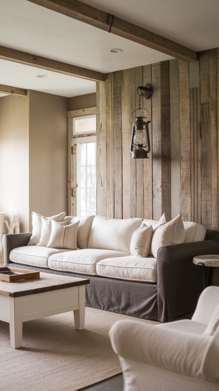 Rustic charm meets modern minimalism in this serene living room. A plush beige sofa anchors the space, its dark grey base grounding the airy white coffee table and reclaimed wood feature wall. The vintage lantern adds a touch of nostalgic warmth, perfectly complementing the neutral palette and creating an inviting atmosphere.