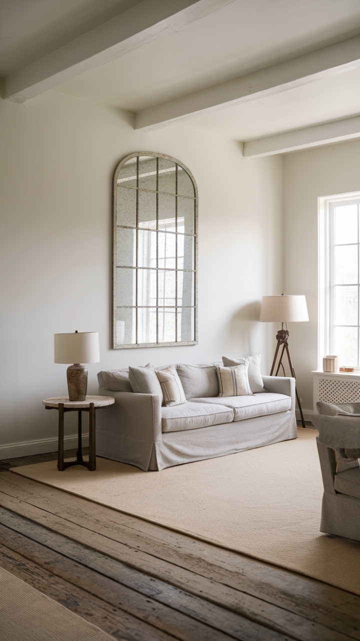 Rustic modern meets minimalist chic in this dreamy living room. A calming palette of whites and beiges is warmed by reclaimed wood floors and the inviting textures of a comfortable sofa and plush throw pillows. The vintage mirror adds a touch of unexpected character, completing this perfectly balanced design.