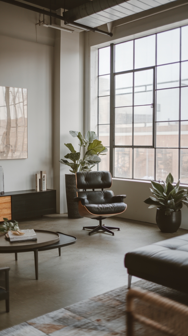 This contemporary living room exudes a refined urban charm, where minimalist decor meets modern sophistication. The sleek furniture, including a stylish lounge chair nestled in the corner, invites relaxation while the expansive concrete floor adds an industrial edge. Bathed in natural light from the large windows, the crisp white walls serve as a perfect backdrop for curated artworks that bring personality to the space. A vibrant potted plant near the window introduces a touch of nature, harmonizing beautifully with the chic decor and creating an inviting atmosphere that feels both fresh and timeless.