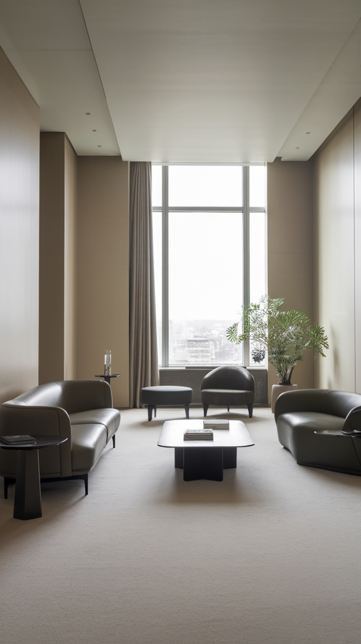 Sophisticated Simplicity: This contemporary living space masterfully blends form and function. The expansive window showcases stunning city panoramas, while the carefully curated furniture and calming color scheme invite relaxation and quiet contemplation. A sanctuary of style.