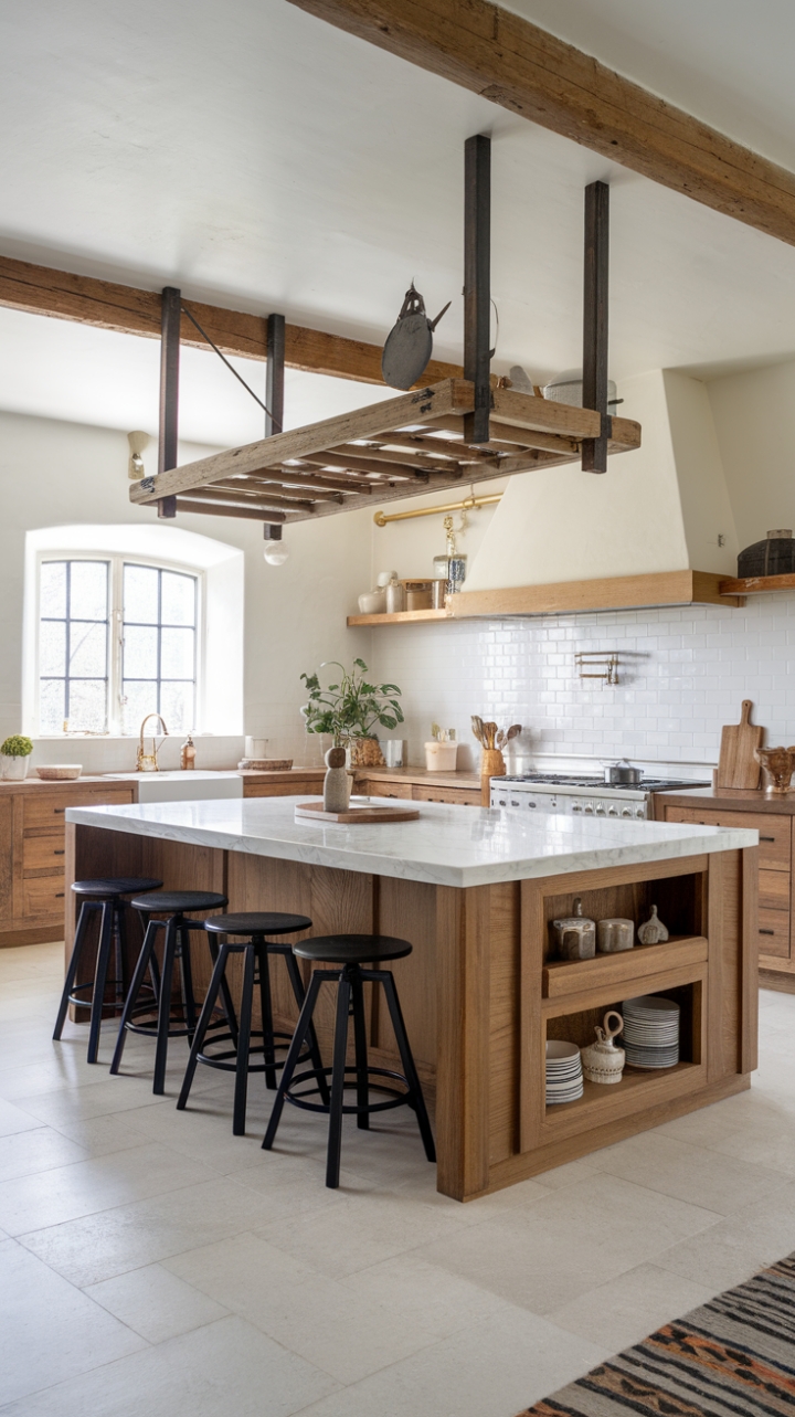 A symphony of textures and styles: white walls, wood accents, and a striking marble island create a captivating contemporary farmhouse kitchen. Black stools add a touch of modern edge, while the vintage pot rack whispers tales of country charm. The result? A space that's undeniably chic.