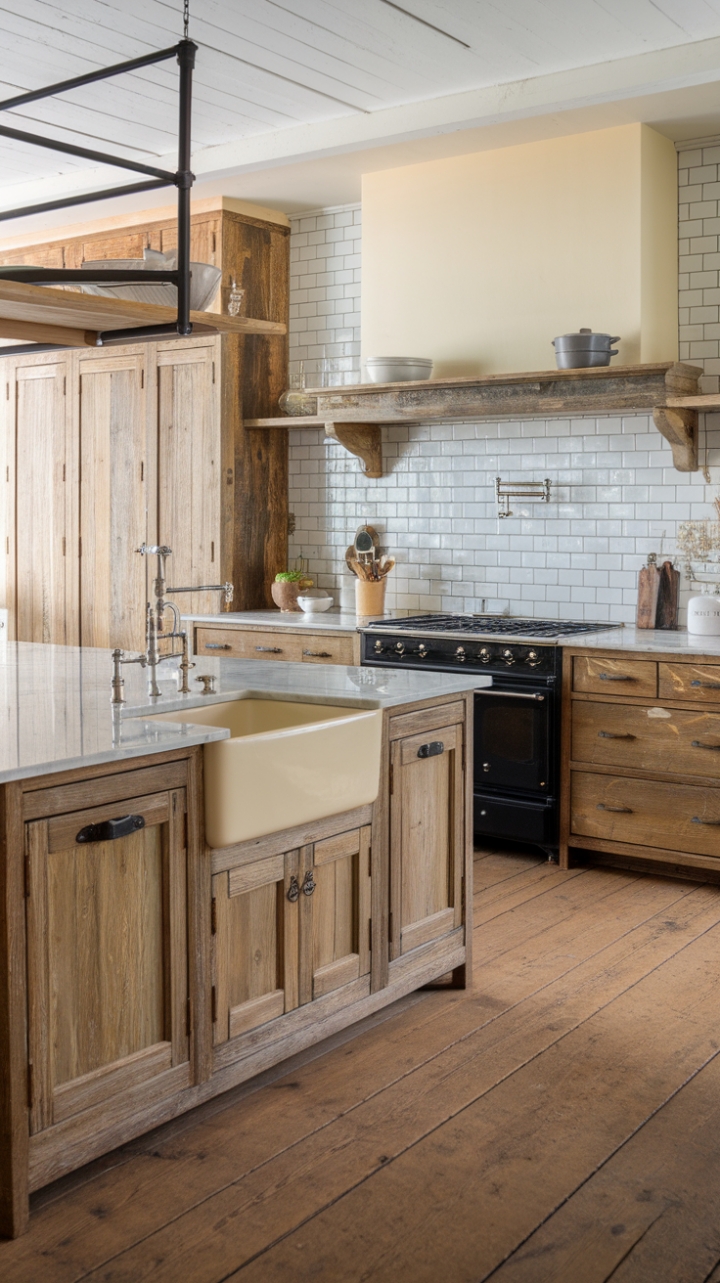 In this stunning modern rustic farmhouse kitchen, vintage allure meets minimalist elegance, crafting a space that feels both timeless and fresh. The large island, adorned with a creamy sink and chic black cooktop, serves as a focal point for gatherings and culinary creativity. Distressed reclaimed wood cabinets bring warmth and history, while the exquisite Carrara marble countertops add a touch of luxury. A sleek steel shelf above the cooktop provides practical storage and visual interest, harmonizing beautifully with the crisp white subway tile backsplash. The wide plank oak wood floor completes the look, inviting you to enjoy every moment spent in this enchanting culinary haven.