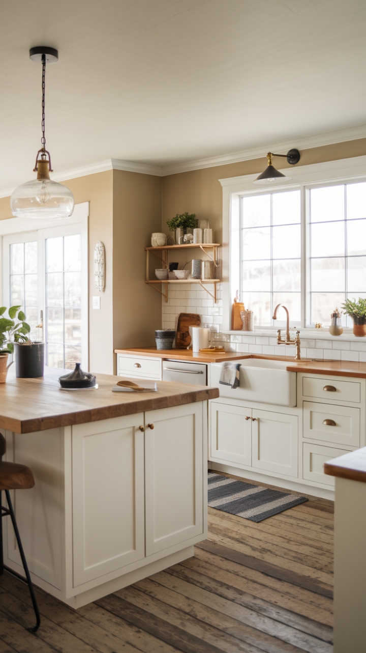 Sun-drenched sophistication meets rustic charm in this contemporary farmhouse kitchen. A raw wood island, bathed in the glow of a pendant light, anchors the space, while a gleaming gold faucet complements the crisp white farmhouse sink. Reclaimed wood floors and warm beige walls create a haven of understated elegance.