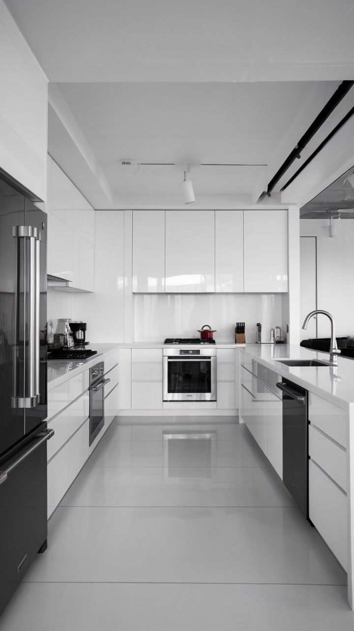 This stunning contemporary kitchen embodies the essence of minimalist design, showcasing a harmonious blend of sleek white cabinetry and a striking monochrome palette. The open-concept layout invites natural light to dance across the large white tiles, enhancing the airy feel of the space. Modern stainless steel appliances seamlessly integrate into the design, while the luxurious white quartz countertops provide a chic surface for culinary creativity. At the heart of the kitchen, a bold black island serves as both a functional workspace and a stylish focal point, complete with a sleek sink and faucet that perfectly complement the overall aesthetic.