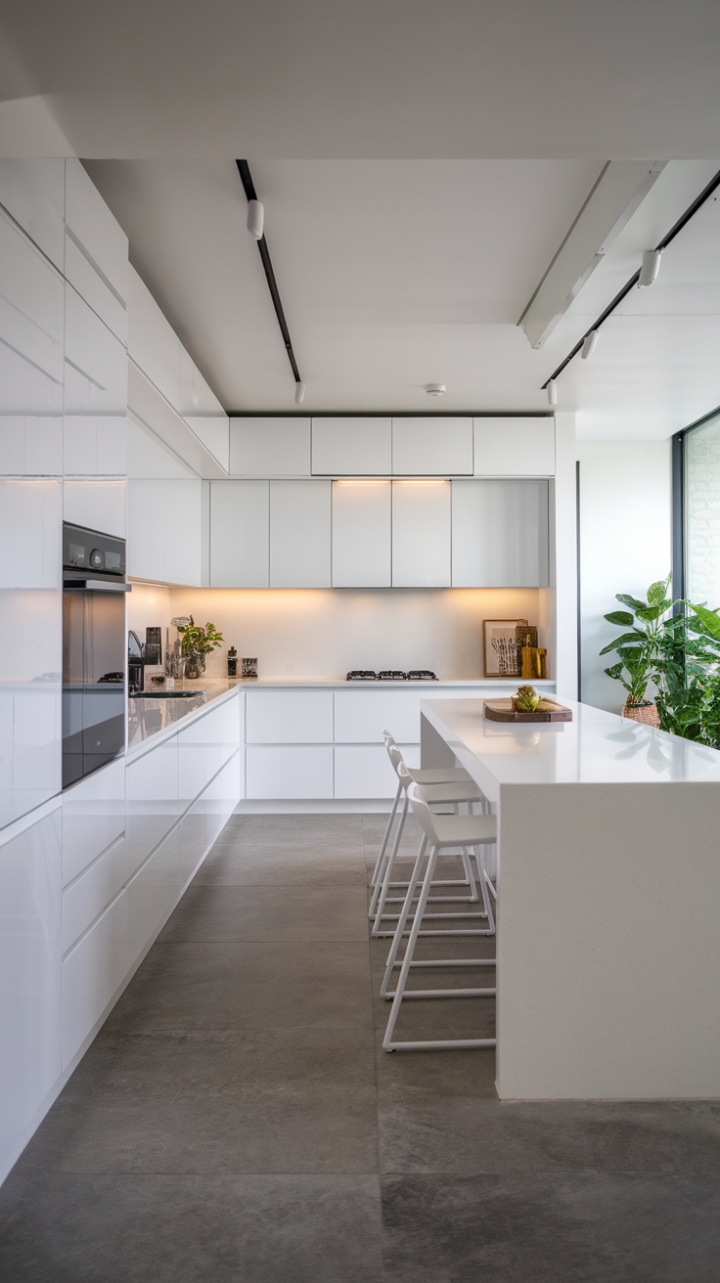 Imagine preparing meals in this bright, airy kitchen, where clean lines and a monochrome palette create a sense of calm and order. Sleek appliances blend seamlessly into the crisp white cabinetry, while the expansive island provides ample workspace and seating. Large grey tiles underfoot ground the design, creating a sophisticated and stylish backdrop for culinary artistry. The addition of potted plants brings a touch of nature's serenity to this impeccably designed space.