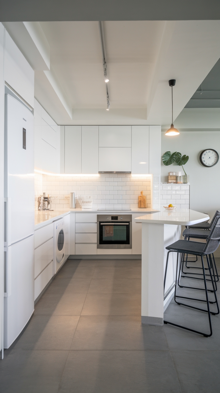 Pure sophistication meets practical design in this open-concept kitchen. Crisp white cabinetry reflects the abundant natural light, creating an airy and inviting atmosphere. The gray tile floor adds a touch of cool contrast, while carefully curated details, like a potted plant and stylish clock, inject personality without compromising the clean aesthetic.