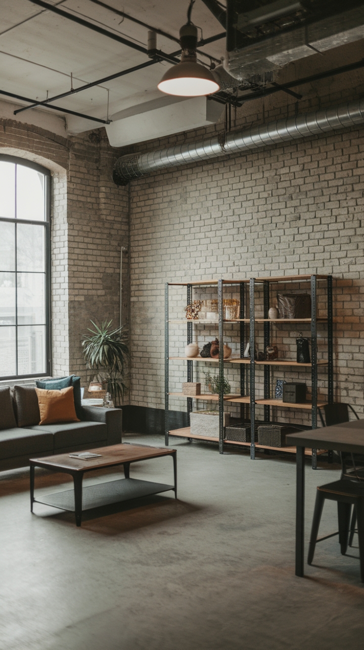 Concrete canyons meet cozy comfort in this open-concept living space. A symphony of textures-exposed brick, smooth metal, and rich wood-harmonizes beautifully, creating an atmosphere that's both edgy and inviting. The minimalist aesthetic allows the raw beauty of the materials to shine, resulting in a truly captivating urban sanctuary.