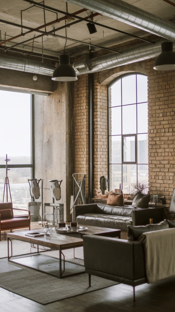 Raw urban grit meets refined modernism in this breathtaking loft. Exposed brick, industrial lighting, and a city view create a dramatic backdrop for sleek metal and wood furniture, showcasing the beauty of raw materials in an open-concept space.