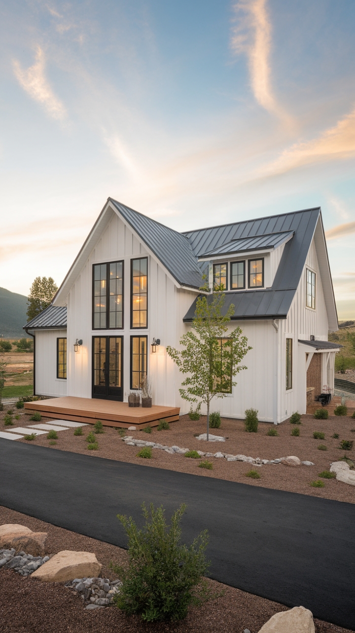 Imagine waking up to this view: a contemporary farmhouse nestled in serene nature. The home's clean lines and dark metal roof contrast beautifully with its bright white walls, creating a sophisticated yet inviting ambiance. Large windows bathe the interior in natural light, blurring the lines between indoors and out.