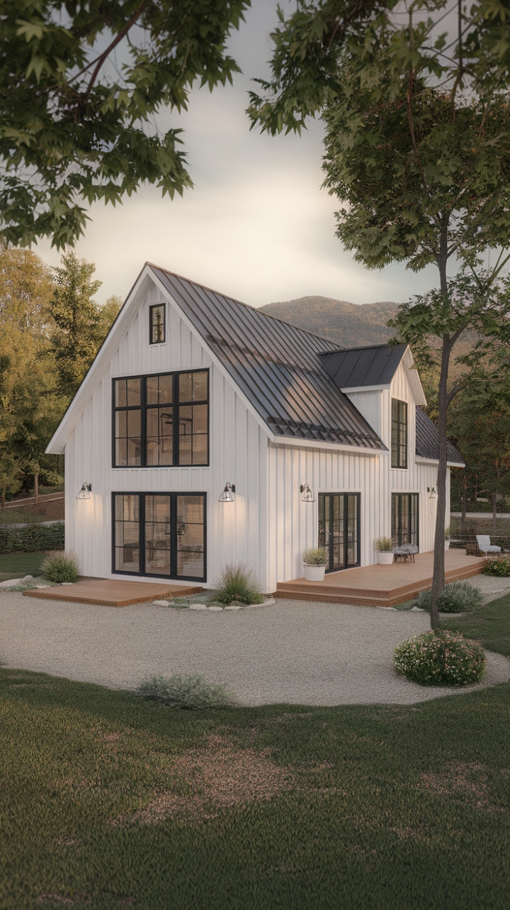 Where modern minimalism meets rustic charm. This contemporary farmhouse, perched against a breathtaking mountain backdrop, boasts a striking white exterior punctuated by sleek black accents. Expansive windows and a sliding glass door seamlessly connect the interior with the expansive wooden deck and meticulously landscaped grounds, promising an idyllic retreat.