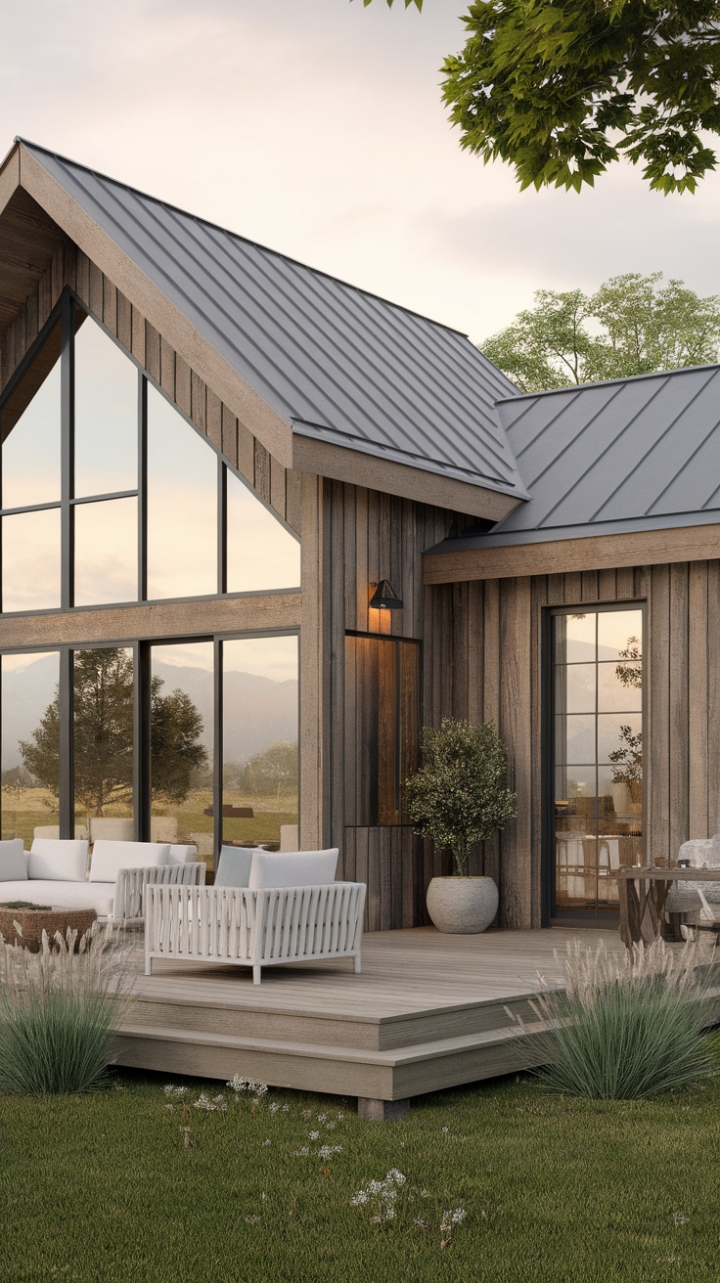 Where modern meets mountain majesty. This wood-clad farmhouse, crowned with a metal roof and expansive glass windows, offers breathtaking views from every angle. The inviting deck, complete with crisp white furniture and lush greenery, beckons you to unwind and soak in the serenity.