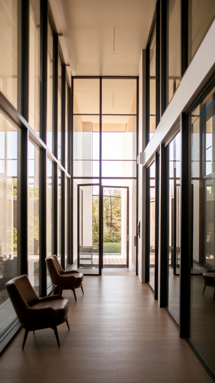 Sun-drenched sophistication meets streamlined style in this contemporary foyer. Glass walls flood the space with natural light, highlighting the rich wood floors and chic seating area. A seamless transition from vestibule to mudroom ensures both beauty and practicality. This is modern living at its finest.