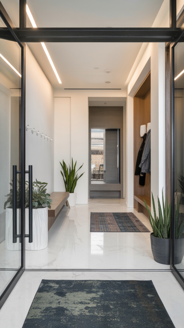 This contemporary foyer exudes sophistication with its minimalist design, showcasing a sleek glass door that invites natural light to dance across the pristine white marble floor. A chic mudroom seamlessly blends functionality with style, while the trendy reception area offers a warm welcome. Tasteful rugs add texture, and strategically placed plants breathe life into the space, complemented by a stylish mirror and a modern coat rack. The high ceiling enhances the airy feel, while the thoughtfully arranged hooks and elegant light fixture create a harmonious balance of form and function.