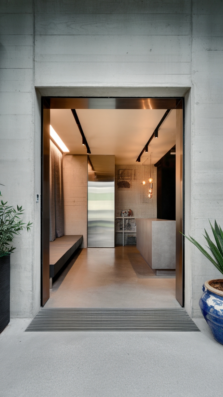 Industrial chic meets contemporary calm in this stunning vestibule. The concrete walls and floors provide a dramatic backdrop for a sleek mudroom and reception area, while a single, carefully chosen plant adds a touch of organic warmth. This is urban living redefined-stylish, functional, and utterly captivating.