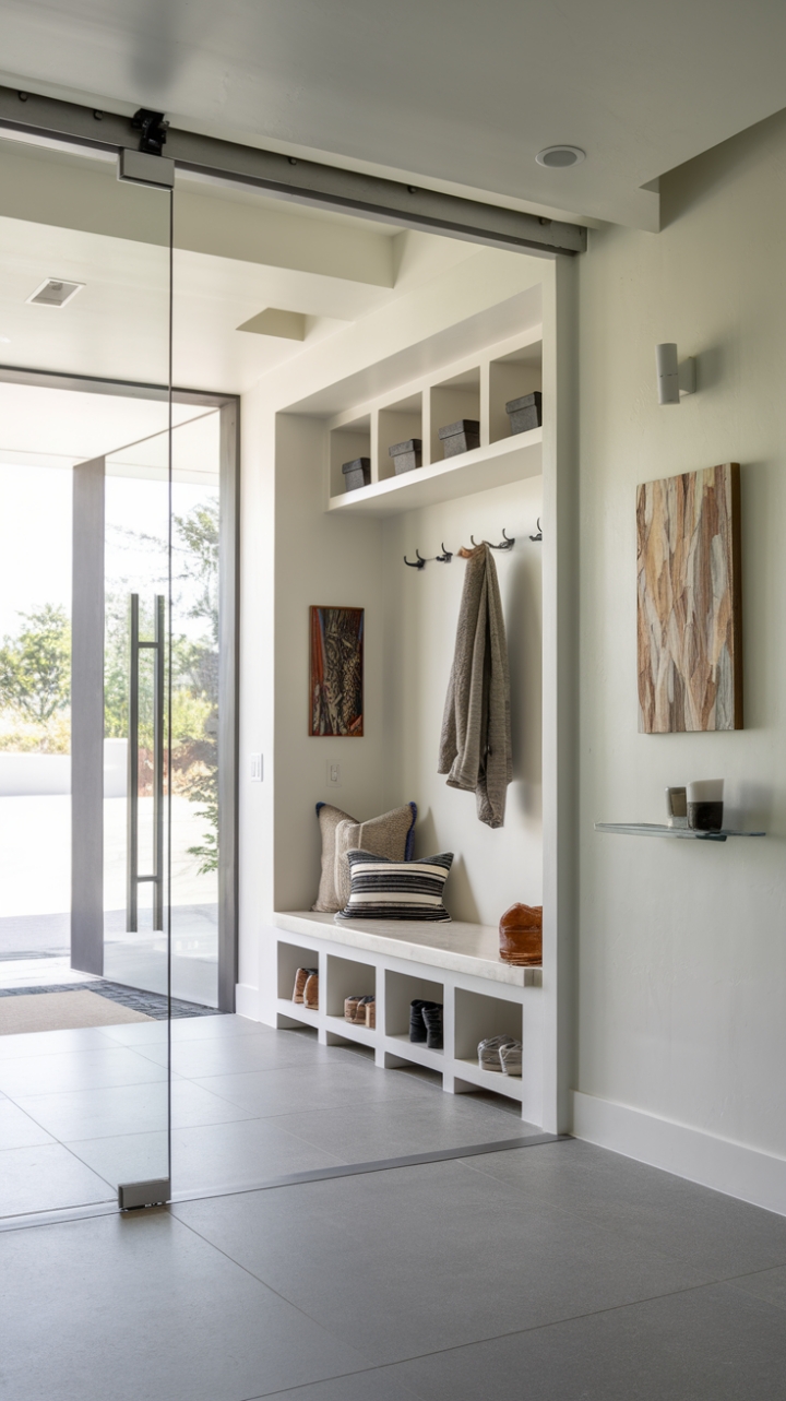 Modern living redefined: This contemporary entryway is a masterclass in streamlined sophistication. Natural light floods the space, highlighting the clean lines of the glass door and the functional beauty of the integrated mudroom bench and storage. A curated selection of art adds a touch of personality to this impeccably designed haven.