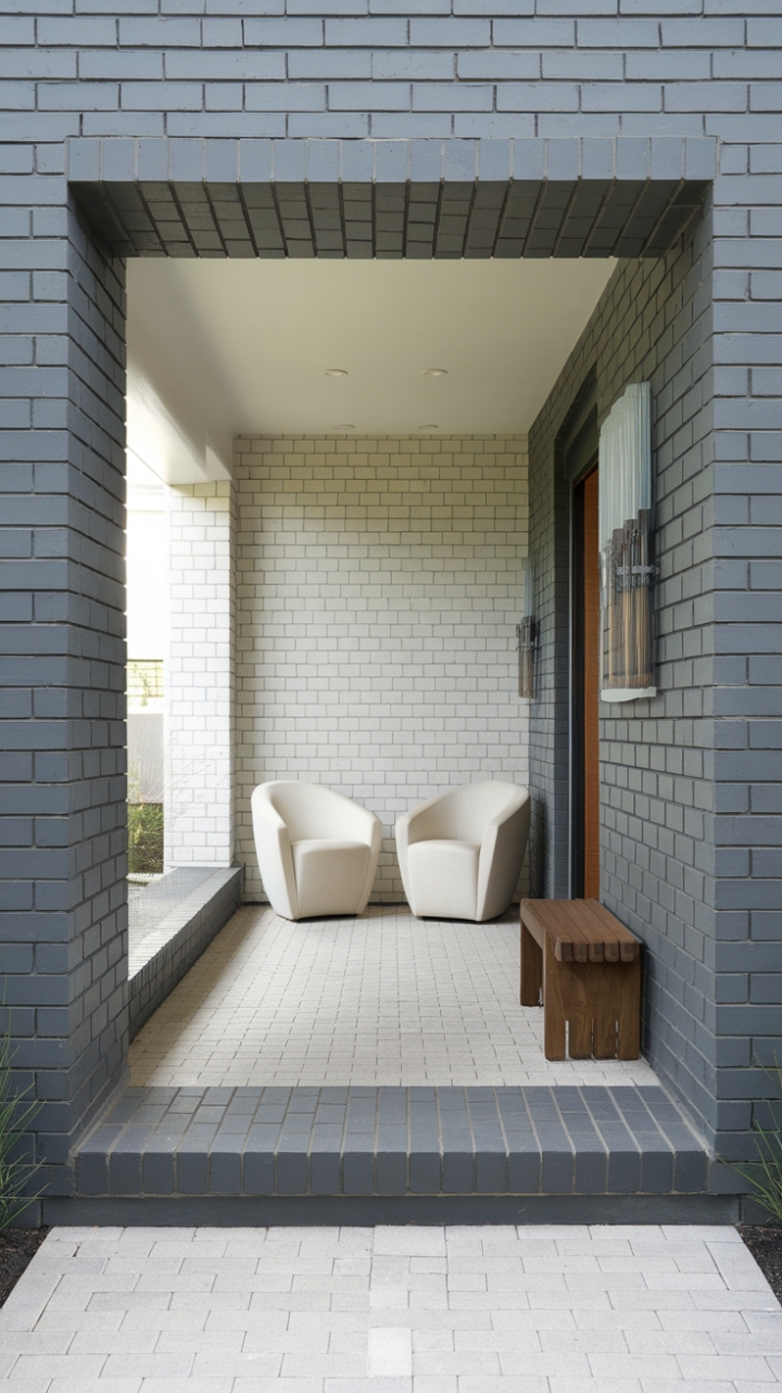 Grey brick walls meet crisp white floors in this stunning contemporary entryway. Two sleek white chairs and a warm wooden bench offer a welcoming respite, while the minimalist hallway beckons further exploration. The bright light enhances the clean lines and modern aesthetic, creating an inviting and stylish first impression.