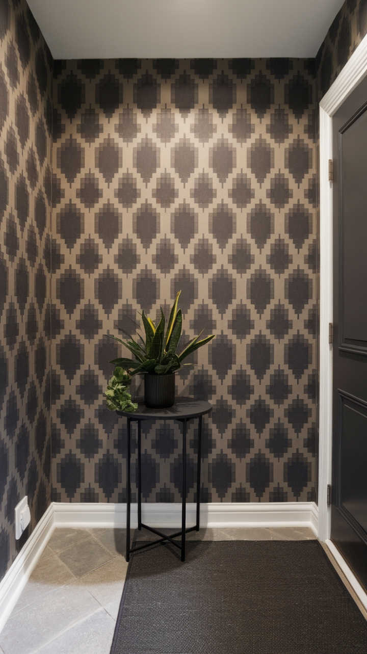Unleash your inner minimalist with this showstopping entryway. A dramatic, large-scale patterned wallpaper commands attention, while a dark grey rug grounds the space, creating a sophisticated welcome. The subtle addition of a potted plant adds a touch of life to this chic and modern haven.