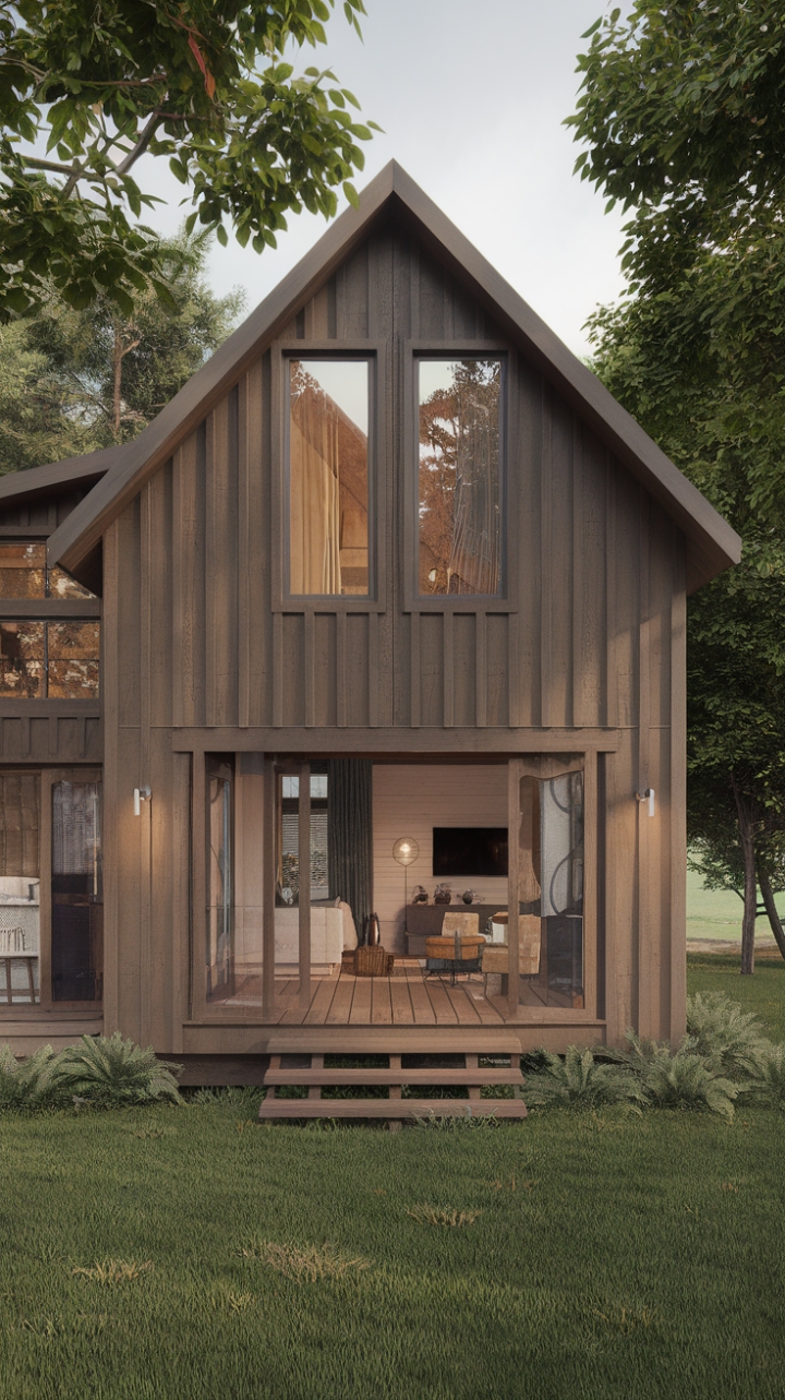 Escape to tranquility in this modern rustic cottage, where minimalist interiors meet the warmth of natural wood. The cozy retreat boasts a stunning wooden staircase, inviting you to explore the upper level, all while overlooking a breathtaking landscape. Every detail, from the handcrafted furniture to the carefully curated décor, whispers of serene sophistication.