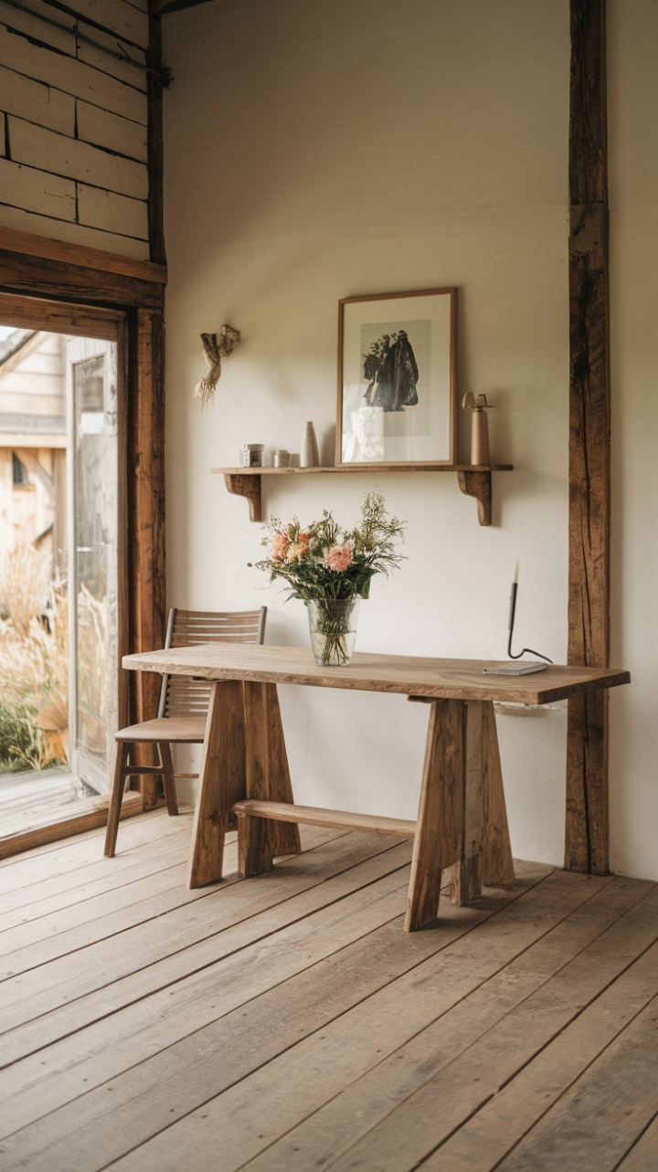 Embracing a serene country vibe, this contemporary cottage is a perfect blend of rustic charm and minimalist elegance. The centerpiece, a wooden table graced with a vibrant vase of flowers, draws the eye, while a lone chair beside it beckons for moments of quiet reflection. A shelf on the wall displays a few carefully chosen items, adding personality without overwhelming the space. The warm wooden floor enhances the cozy ambiance, making this cottage a delightful retreat that celebrates the beauty of simplicity.