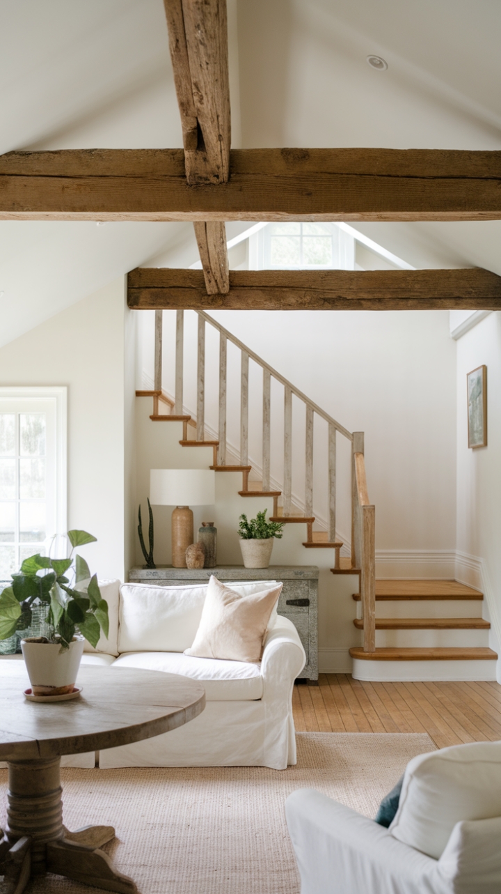 Discover the perfect blend of rustic charm and modern simplicity. This cottage's airy white walls and wooden floors create a serene backdrop for carefully curated details-a rustic beam, a plush white sofa, and a charming round table-all whispering tales of comfortable country living.