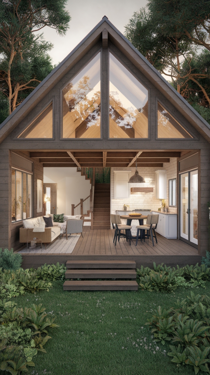 Nestled amidst lush greenery, this contemporary cottage exudes a charming blend of rustic allure and modern sophistication. The warm wooden exterior, complete with a pitched roof, invites you into a bright and airy interior that showcases a minimalist design. Inside, the cozy living area beckons with its inviting sofa, while the dining space, adorned with a sleek table and chairs, is perfect for intimate gatherings. The kitchen, featuring pristine white cabinets and a stunning granite countertop, harmonizes beautifully with the wooden beams and flooring that echo the cottage's country roots. This serene retreat offers a perfect escape, where every corner radiates comfort and style.