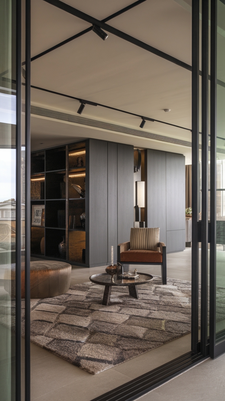 Modern living redefined. This minimalist masterpiece showcases a stunning interplay of texture and form. A richly patterned rug grounds the space, its vibrant design a focal point amidst clean lines and carefully curated accessories, creating a living room that's both stylish and serene.
