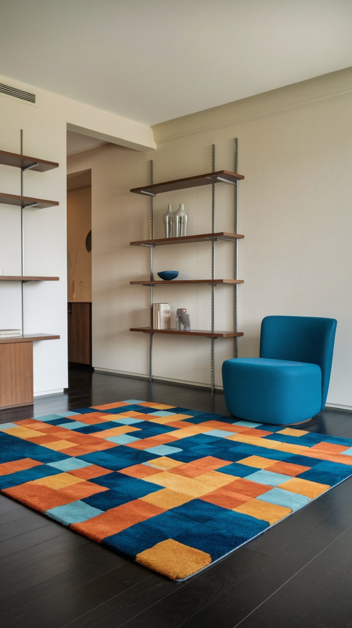 A harmonious blend of color and simplicity defines this contemporary living room, where a plush area rug adorned with a trendy pattern in blue, orange, and yellow anchors the space atop a rich dark wooden floor. The light-hued walls amplify the room's brightness, while a minimalist white bookshelf and a bold blue chair introduce playful yet elegant touches. This thoughtfully designed area radiates a calming vibe, inviting you to unwind in a stylish sanctuary that balances modern flair with cozy comfort.