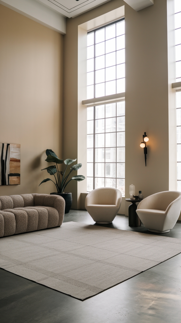 Unveiling serenity: A minimalist haven defined by soft beige walls, soaring ceilings, and the perfect interplay of light and shadow. A plush grey sofa and crisp white chairs anchor the space, grounded by a subtly patterned rug. The considered placement of a potted plant and a sleek side table adds a touch of organic warmth. Modern living, redefined.