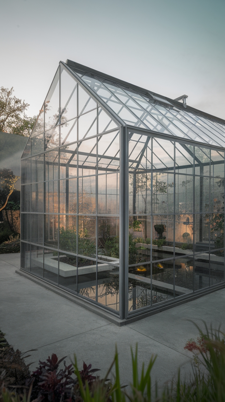 This stunning high-tech greenhouse redefines modern living with its sleek glass and steel construction, showcasing a striking geometric design that harmonizes with nature. Inside, a lush array of plants thrives alongside a tranquil pond, creating a serene oasis that invites relaxation and reflection. The surrounding concrete patio enhances the minimalist aesthetic, while soft lighting casts a warm glow, transforming this architectural marvel into a peaceful retreat that blurs the lines between indoor and outdoor spaces.