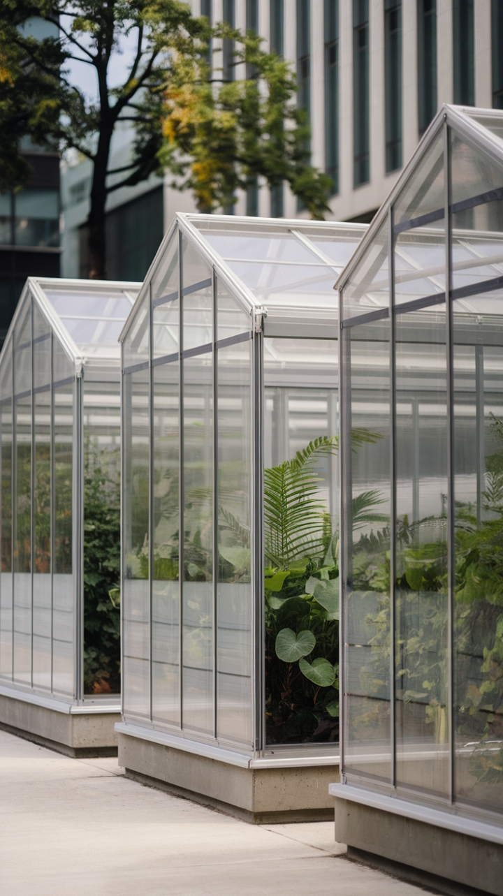 Nestled within an urban oasis, this collection of modern greenhouses reimagines the concept of sustainable living with their striking glass façades and minimalist architecture. The clear walls reveal a lush interior, where vibrant plants thrive under the careful embrace of high-tech design. Set against a backdrop of towering trees and contemporary buildings, these sleek structures create a serene yet dynamic visual that celebrates the beauty of nature in the heart of the city.