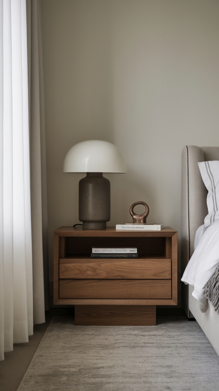 The sleek nightstand stands as a testament to modern design, featuring clean lines and a warm wooden finish that complements the contemporary aesthetic of the bedroom. Topped with a stylish lamp, a well-loved book, and a unique decorative piece, it strikes the perfect balance between practicality and artistry. The room's neutral color scheme, highlighted by soft white walls and a cozy grey rug, fosters a calming ambiance, while the delicate white curtains framing the window allow natural light to dance across the space, inviting serenity and sophistication into this chic sanctuary.