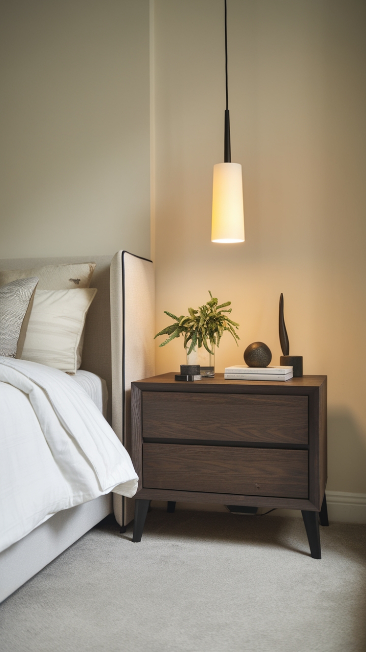 The sleek lines of this contemporary nightstand bring a sophisticated touch to the modern bedroom, showcasing a dark wood finish that exudes warmth and style. With two practical drawers for storage, it serves as both a functional piece and a canvas for decorative expression, featuring a stylish lamp, a lively small plant, and a few curated items that reflect personal taste. The inviting bed, dressed in a soft white duvet and an array of plush pillows, beckons for restful nights, while the neutral color palette of soft beige walls and a light gray carpet creates a soothing environment. A pendant lamp overhead casts a gentle light, enhancing the serene and stylish vibe of this contemporary retreat.