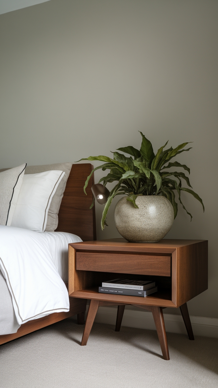 The sleek wooden nightstand stands as a testament to modern design, harmonizing beautifully with the serene ambiance of the bedroom. Nestled beside a plush bed adorned with a crisp white duvet and an array of pillows, it showcases a vibrant green plant in a stylish pot, bringing a refreshing touch of nature indoors. The light grey walls create a soothing backdrop, while soft lighting envelops the room in warmth, accentuating the carefully selected decorative elements, including a minimalist lamp and a curated collection of books, that invite relaxation and inspire creativity.