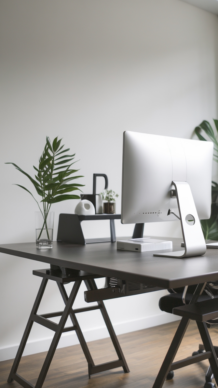 In this modern workspace, the striking dark wood desk stands as a testament to contemporary design, offering an ergonomic shape that adjusts to your needs. The minimalist aesthetic is enhanced by a bright white monitor, a charming green plant that adds a breath of fresh air, and a few essential office supplies, all set against a clean white wall that amplifies the sense of clarity and purpose in this inviting environment.