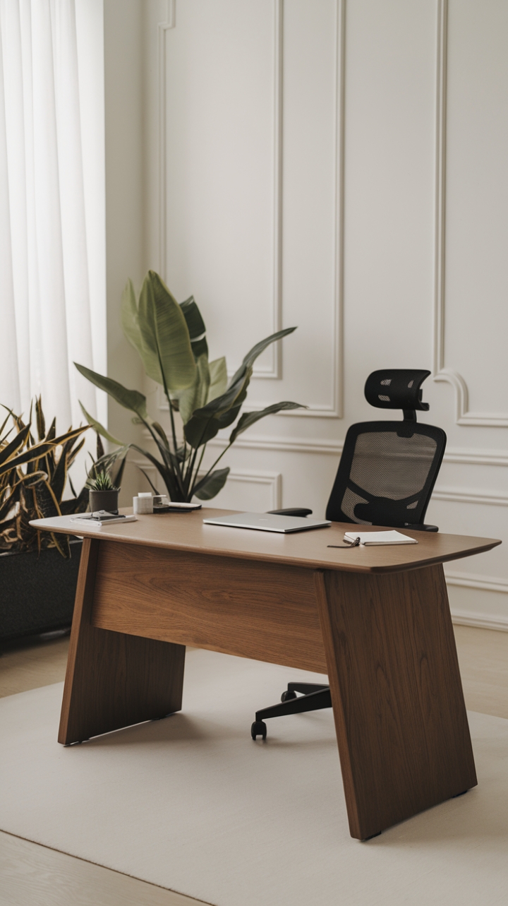 Unwind in this haven of calm. Clean lines and organic textures create a workspace that's both stylish and functional. The curved wood desk, paired with a comfortable ergonomic chair and the soft touch of greenery, promises a productive and peaceful day.