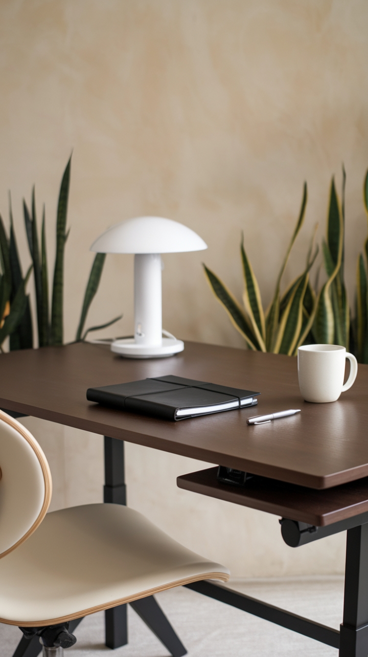 Modern minimalism meets ergonomic excellence. A dark wood desk with adjustable height takes center stage in this stylish workspace, complemented by a sculpted white chair and a curated collection of desk essentials. The muted palette and subtle pops of greenery create a serene and inspiring atmosphere, perfect for focused work.