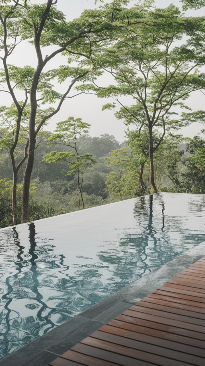 Bask in the tranquility of this modern oasis, where a sleek infinity pool meets the horizon in a stunning display of design and nature. Set against a backdrop of tall, verdant trees, the glass-edged pool creates an illusion of endless water, merging harmoniously with the lush landscape beyond. The warm wooden deck invites relaxation, making this serene retreat the perfect escape for those seeking a moment of peace amidst the beauty of the outdoors.