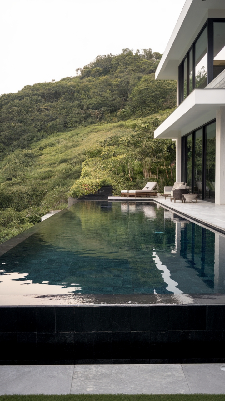 Black magic meets verdant paradise: This sleek, modern infinity pool, a dark mirror reflecting the lush landscape, is the ultimate statement in sophisticated outdoor living. The minimalist design and stunning villa backdrop create an oasis of unparalleled tranquility and style.