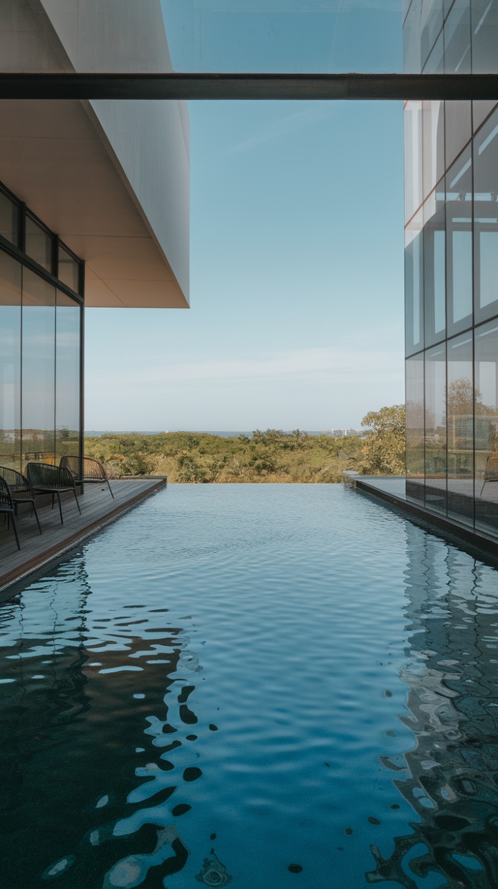 This stunning image captures the essence of modern tranquility, showcasing a sleek infinity pool that appears to dissolve into the verdant landscape beyond. The minimalist design is accentuated by a warm wooden deck, where a few carefully placed chairs invite relaxation and contemplation. In the backdrop, a contemporary building with expansive glass windows mirrors the serene blue sky, creating a harmonious blend of nature and architecture. The overall ambiance is one of peaceful elegance, where the gentle ripples of the water reflect the beauty of the surroundings, inviting you to bask in the serene atmosphere.
