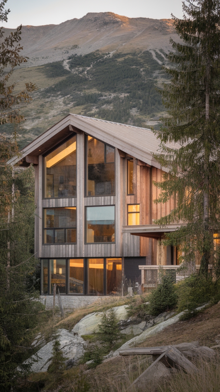 This stunning modern alpine residence harmoniously blends rustic charm with contemporary elegance, creating a luxurious mountain retreat that feels both inviting and serene. Crafted from warm wood and expansive glass, the home features a striking sloping roof that mirrors the natural contours of the surrounding landscape. Nestled among towering trees and breathtaking mountain vistas, the minimalist design allows for an abundance of natural light, offering breathtaking views from every angle and a seamless connection to the pristine wilderness beyond.