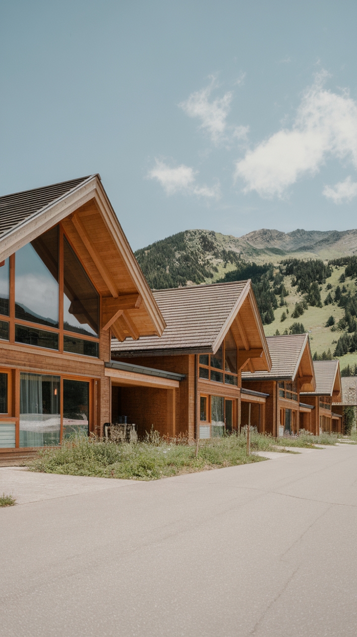 Nestled in a breathtaking mountain landscape, this row of modern alpine residences beautifully marries rustic charm with contemporary design. The warm wooden exteriors and expansive windows invite the surrounding lush greenery and clear blue skies into the living spaces, while the sloping roofs echo the timeless elegance of traditional chalets. With a clean and minimalistic composition, this image captures the essence of serene mountain living, where nature and architecture harmoniously coexist.
