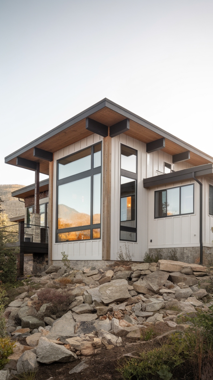 Nestled against a breathtaking mountain backdrop, this contemporary home harmoniously blends rustic charm with modern elegance. The striking white exterior, accented by bold black details, creates a stunning contrast against the natural rocky terrain. Expansive glass windows invite the outdoors in, flooding the interior with natural light and offering panoramic views of the majestic peaks. A spacious deck extends from the side, perfect for soaking in the serene surroundings, while thoughtfully designed landscaping featuring native rocks and lush plants enhances the home's connection to nature.