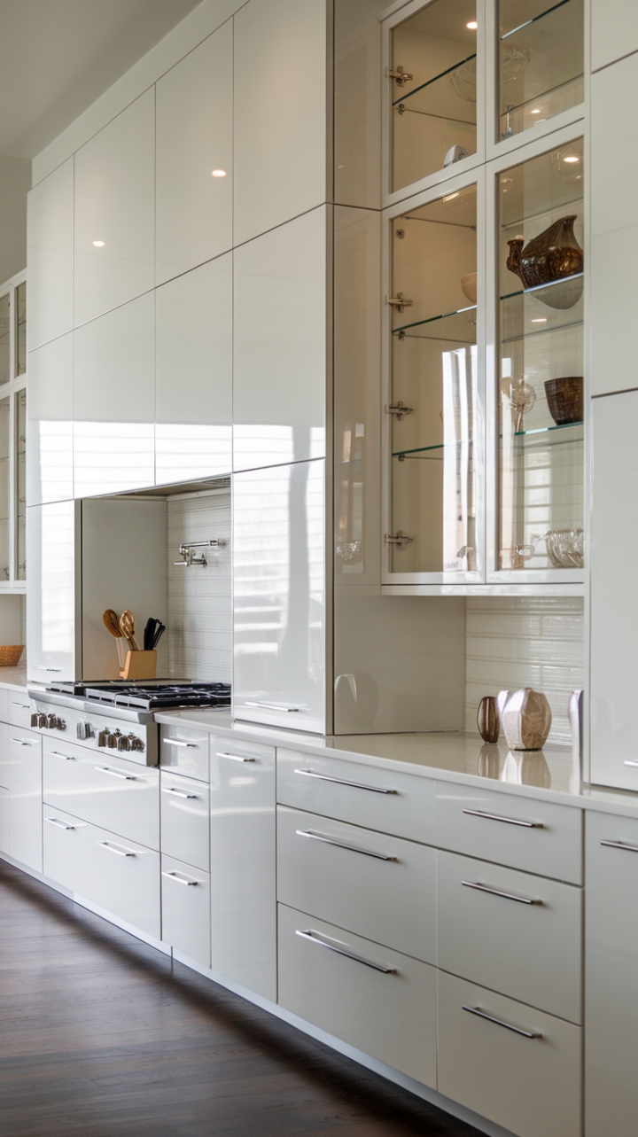 This contemporary kitchen exudes sophistication with its sleek, minimalist cabinetry that boasts a glossy white finish, creating a bright and airy atmosphere. The uniform height of the cabinets, some extending gracefully to the floor, offers a seamless look, while the glass-fronted sections showcase carefully curated decorative items, adding a personal touch. Complementing the modern aesthetic, the pristine white tile backsplash behind the stove reflects light beautifully, and the rich dark wood floor provides a striking contrast, grounding the space in warmth and elegance.